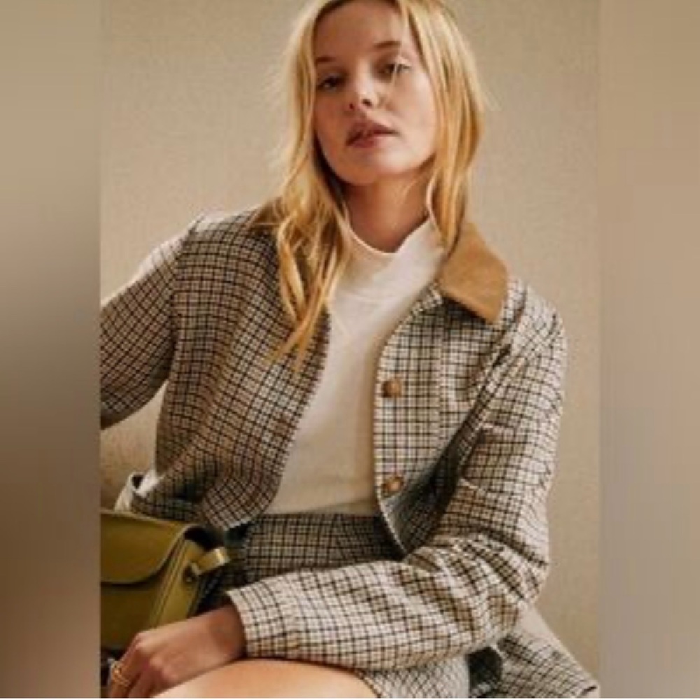 Sezane Will Checkered Blazer with Brown Collar